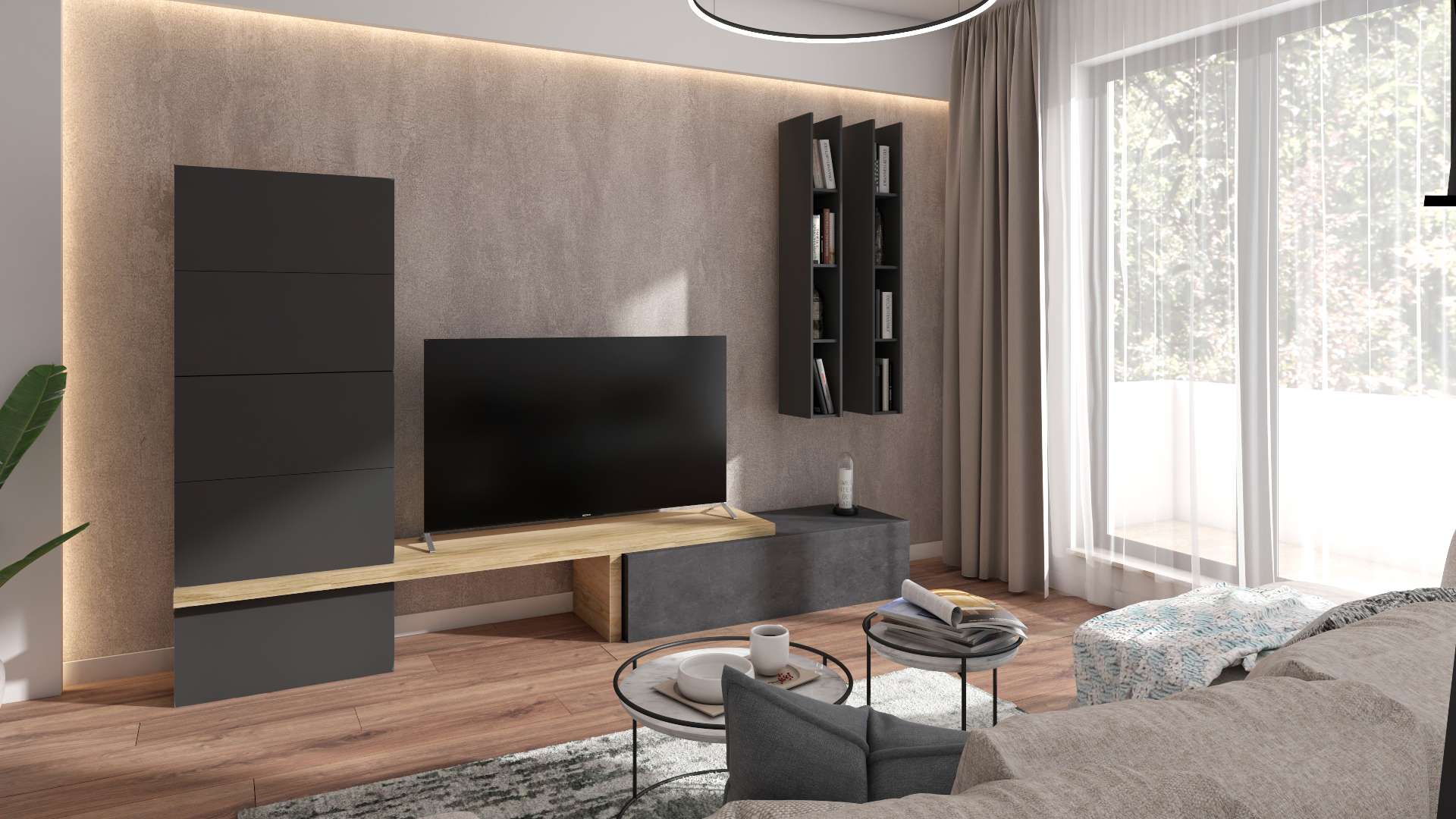 Mobilier Living Atlante Antracite + Rovere Nodato Scuro + Cemento Scuro