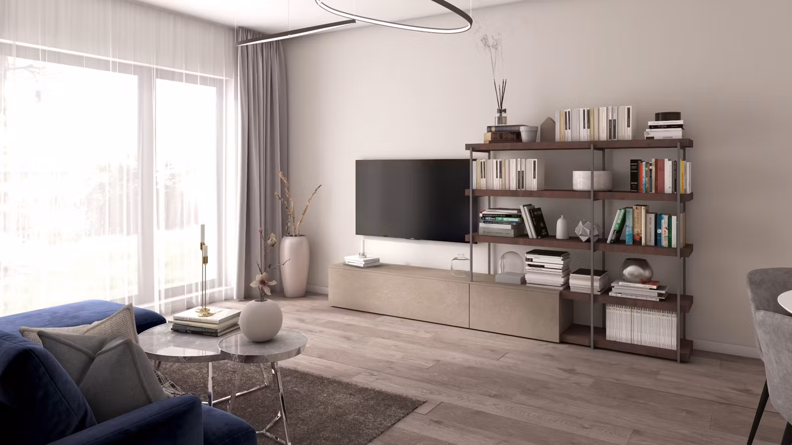 Mobilier living Atlante Cemento Cava + Rovere Nodato Scuro 310 cm
