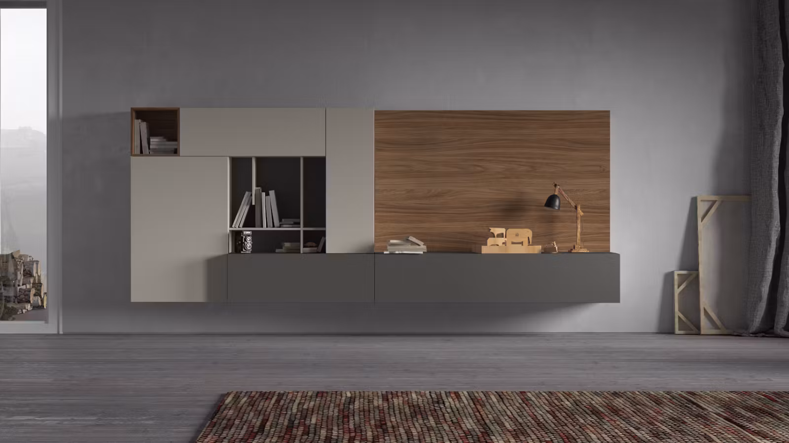 Mobilier living Day 12 Smooth Surfaced Piombo + Surfaced Walnut Naturale + Smooth Surfaced Tortora