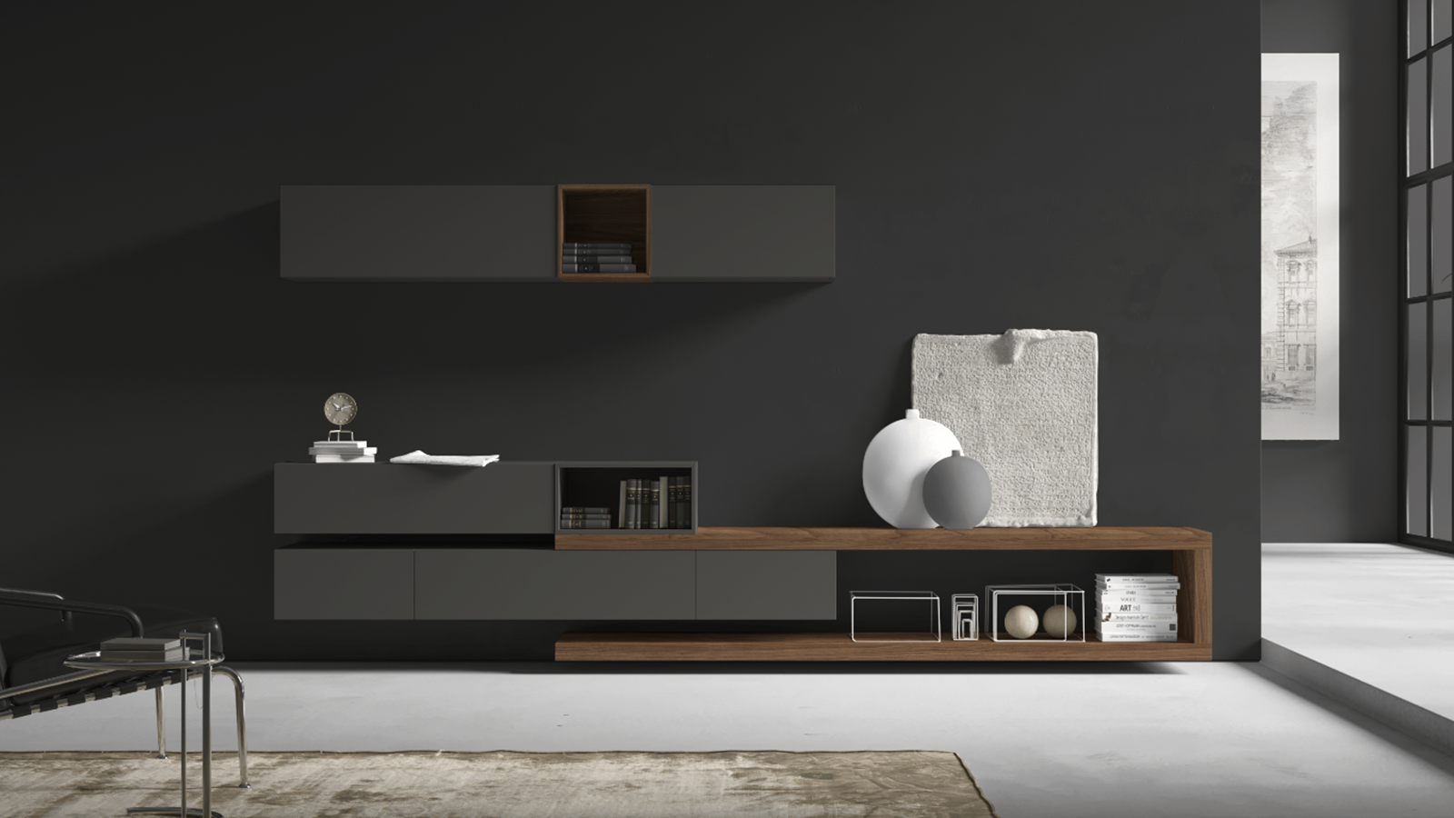 Mobilier living Day 12 Smooth Surfaced Piombo + Surfaced Walnut Naturale