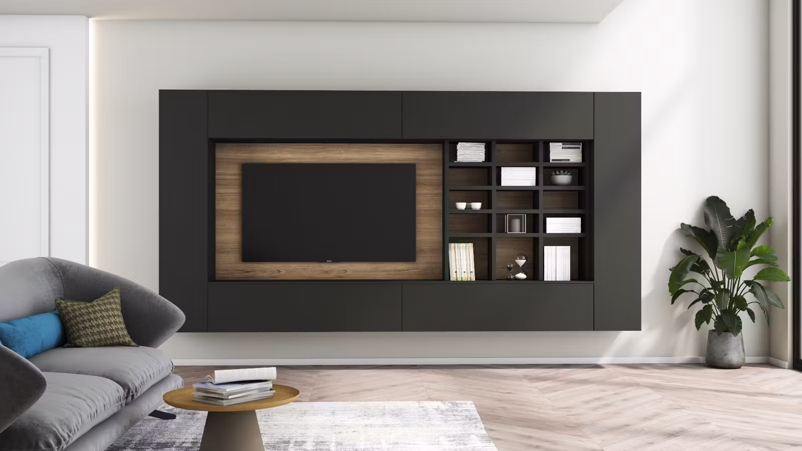 Mobilier living Atlante Antracite + Rovere Nodato Chiaro