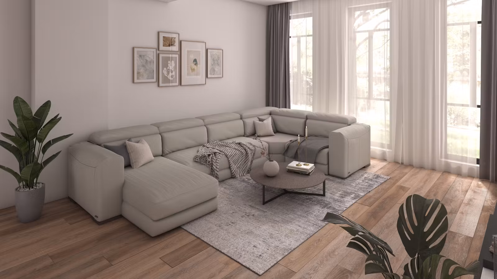 Canapea de colt U cu recliner Forza Piele Denver Warm Grey, stanga