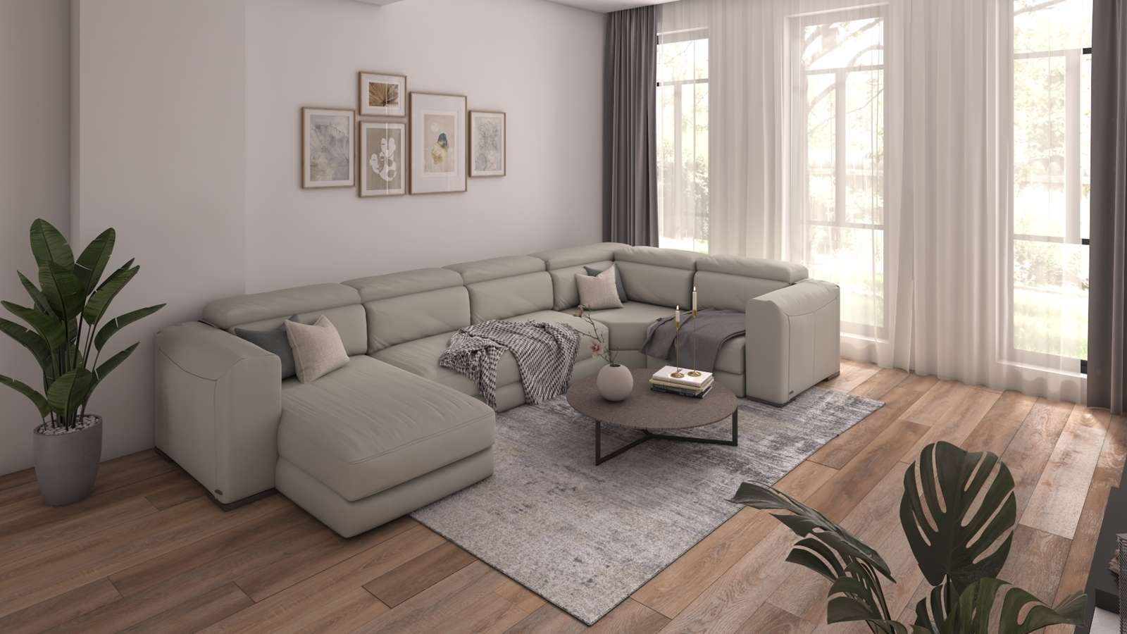 Canapea U de colt cu recliner Forza piele Denver Warm Grey, stanga