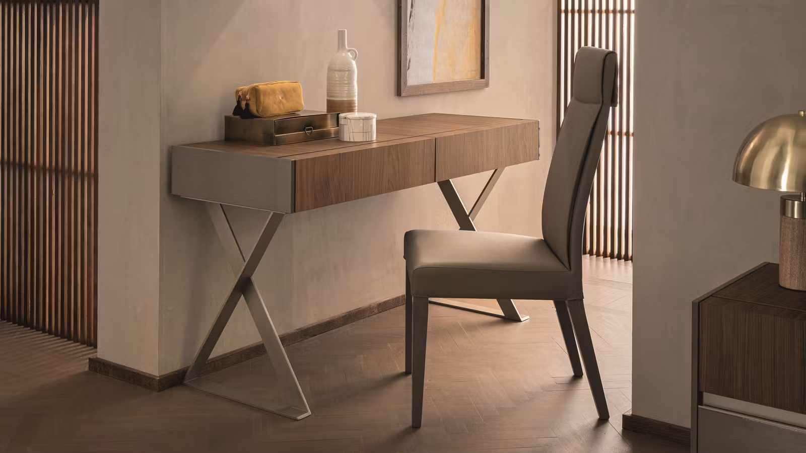 Birou Corso Como Beige High Gloss + Walnut Fluted