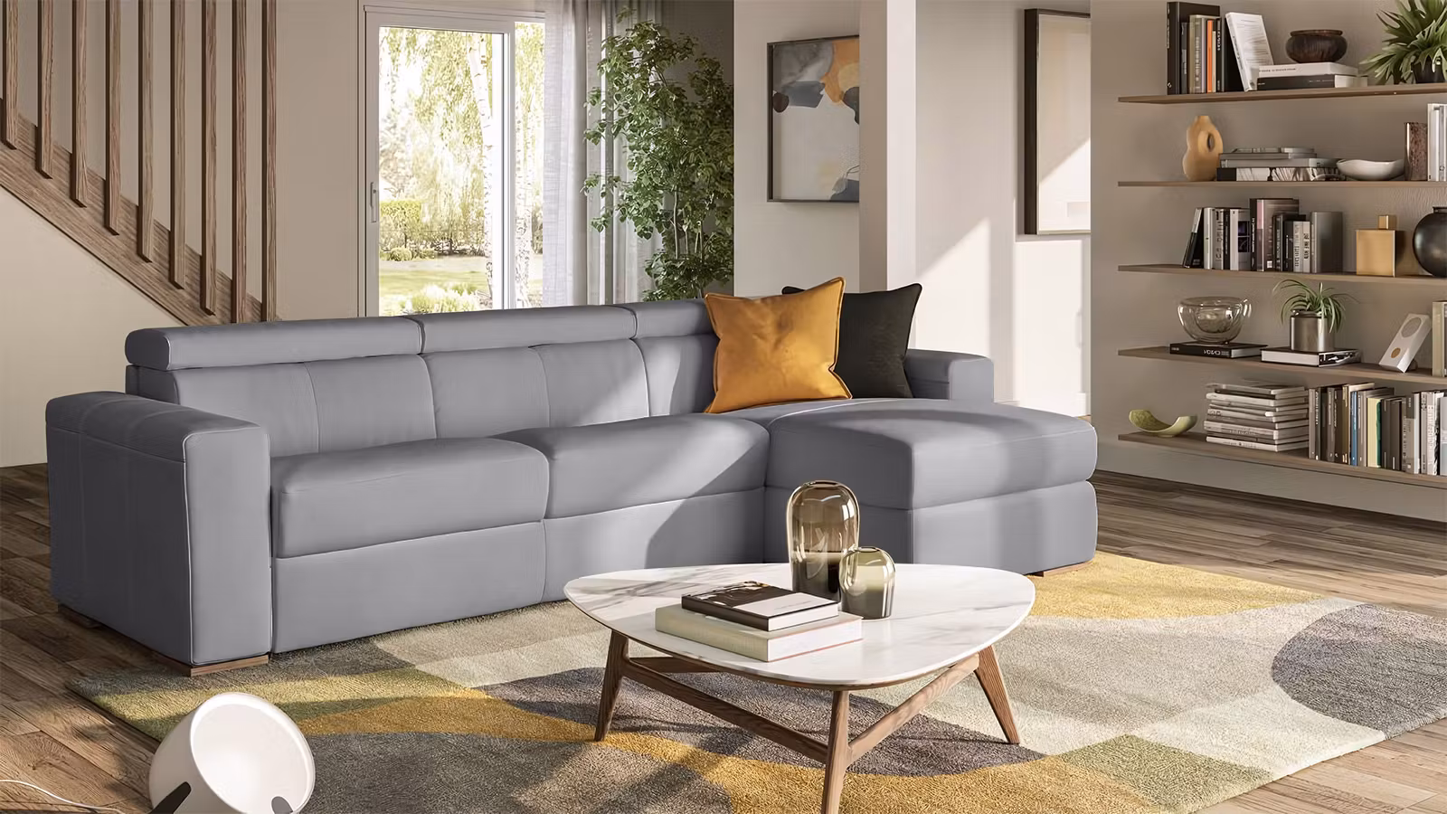 Canapea extensibila cu sezlong Piacevole 3 locuri Piele Denver Grey, dreapta