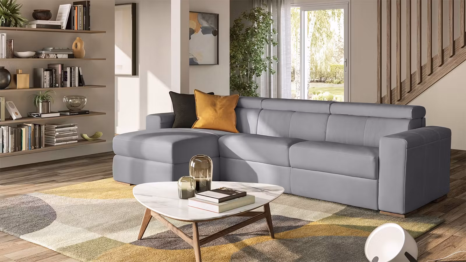 Canapea extensibila cu sezlong Piacevole 3 locuri Piele Denver Grey, stanga