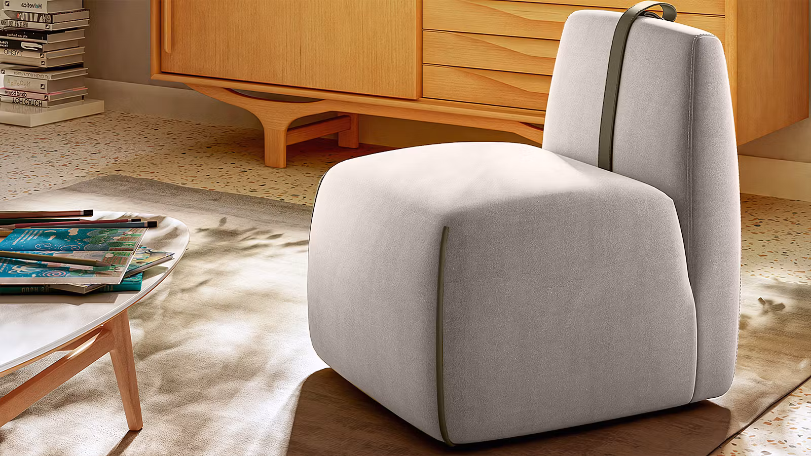 Fotoliu fara brate Gaia textil Brezza Beige + curea piele Le Mans Dove