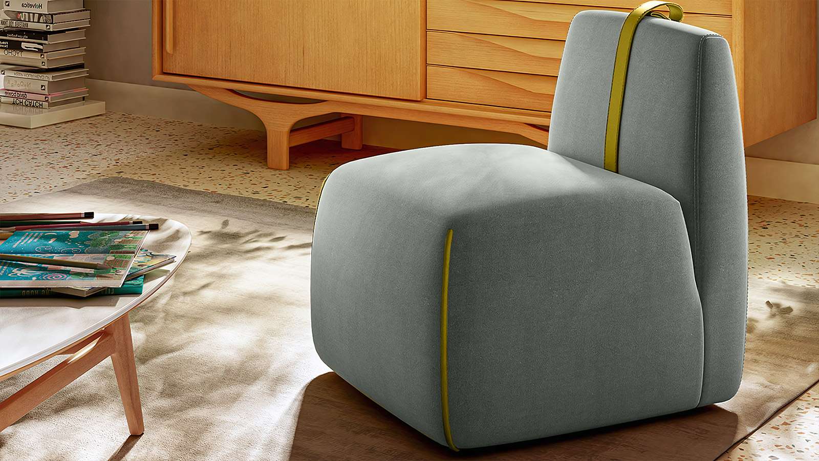 Fotoliu fara brate Gaia textil Brezza Dark Grey + curea piele Le Mans Cedar