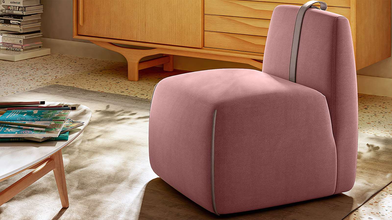 Fotoliu fara brate Gaia textil Brezza Pink + curea piele Le Mans Pink