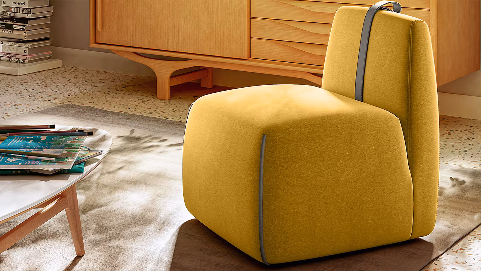 Fotoliu fara brate Gaia textil Brezza Yellow + curea piele Le Mans Grey