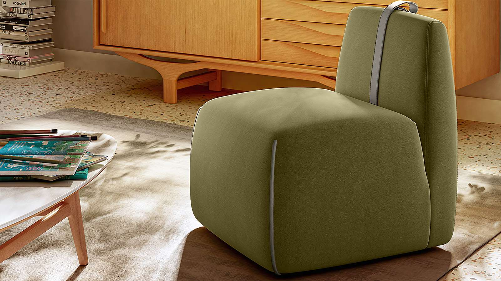 Fotoliu fara brate Gaia textil Terme Green + curea piele Le Mans Light Grey