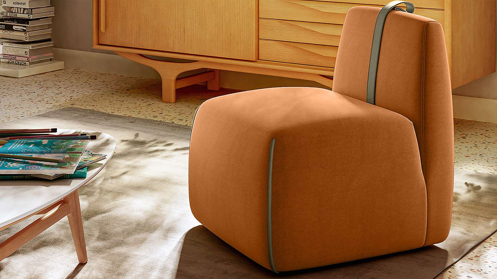 Fotoliu fara brate Gaia textil Terme Orange + curea piele Le Mans Dove