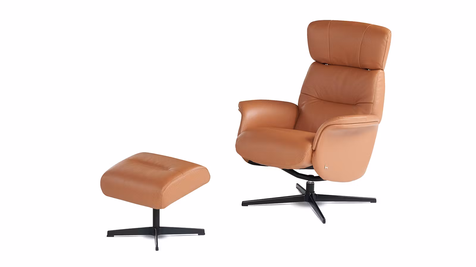 Fotoliu rotativ cu recliner + Pouf Love piele Cognac