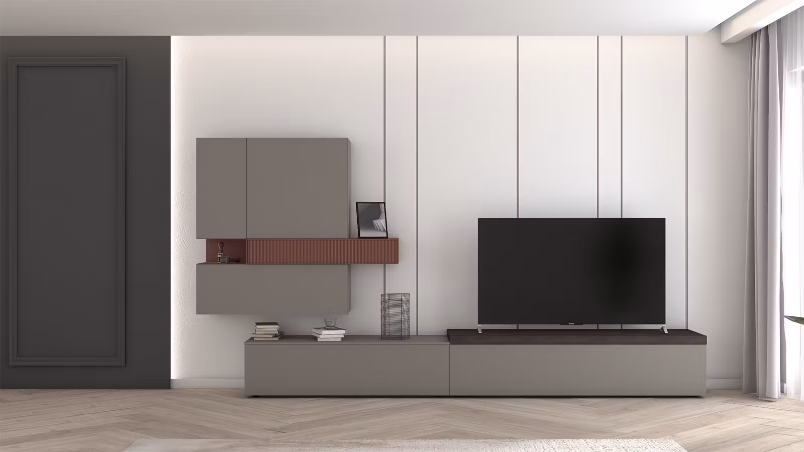 Mobilier living Atlante AT134 OC Arena + OC Tabasco + Top Legno Rovere Moka + Led