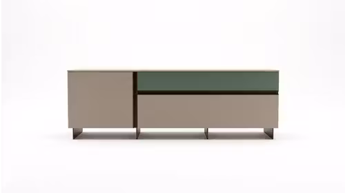 Comoda TV Fango Liscio/Garda Liscio 180 cm, cu doua sertare, compartiment cu usa si finisaje Mat Fango + Mat Garda.