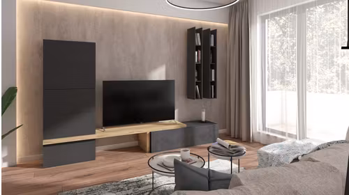 Mobilier Living Atlante Antracite + Rovere Nodato Scuro + Cemento Scuro