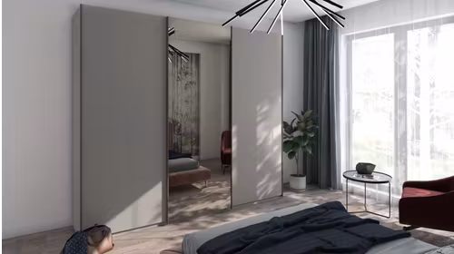 Dressing Four cu uși glisante în finisaj Fango Opaco și Noce Dark, oglindă Bronze și interior Lino.