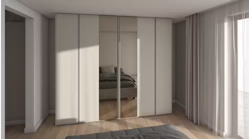 Dressing Uno + Murano batant cu oglinda Bronzo, maner R1 Creta Opaco si interior Lino pentru dormitor modern.