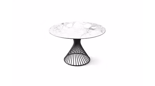 Masa Vortex Matt Black/White Marble 120 cm, cu forma rotunda, blat ceramic si baza centrala metalica elicoidala.