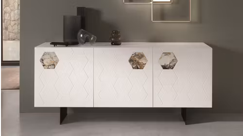 Bufet Glen Bianco/Symphonie Oro/Nero, produs expus, cu design inovator si forme geometrice elegante.