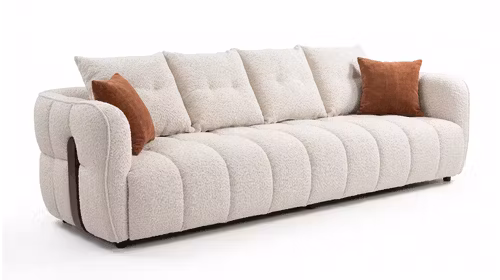 Canapea liniara 4 locuri Audrey textil Light Beige, cu tapiterie TES. V17-5B, cusaturi decorative si dimensiuni 270 x 99 x 86 cm.