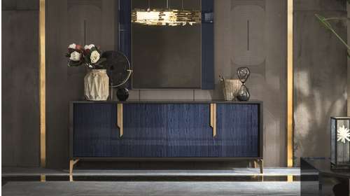 Bufet Oceanum cu 4 usi, finisaj albastru lucios, mobilier elegant pentru dining sau living