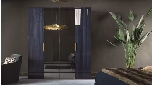 Dressing Oceanum cu 4 usi, oglinda centrala, finisaj lucios albastru, mobilier modern dormitor