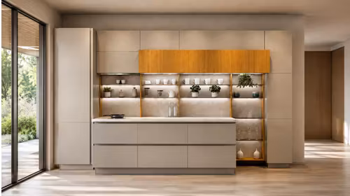 Bucatarie Start Time Traccia cu finisaj Creta 917 si Argento Metal, blat Yamuna Matte, placari ceramice si electrocasnice incluse.
