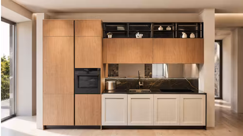 Bucatarie Tablet J Plus + Oyster cu finisaj Rovere Royal Dek541, blat Materia Noir Laurent Lux si electrocasnice incluse.
