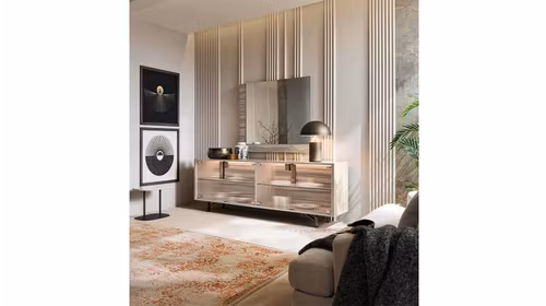 Bufet Jupiter 4 usi sticla Pearl Line High Gloss + Eco Stone Matte 208.7 cm