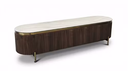 Comoda TV Ruiz cu top din ceramica KL-359, structura Walnut Veneer si detalii Titanium Gold, cu design elegant pentru living sau dining.