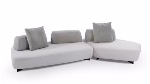 Canapea de colt Cremino tapitata cu material textil Light Grey, colt dreapta, cu perne fixe si decorative, design modern