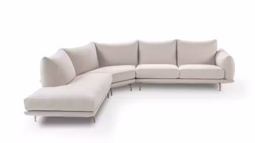 Canapea de colt Dragees stanga tapitata Boucle Beige, design modern cu picioare metalice Copper si cusaturi decorative