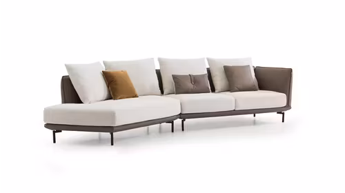 Canapea cu sezlong Garbo stanga tapitata in piele KDL bej inchis si textil gri/grej, design modern.