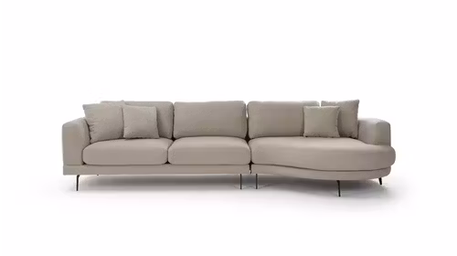 Canapea de colt cu sezlong Carini Bouclee Beige, dreapta, cu linii rotunjite si tapiterie textila bouclee.