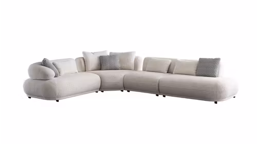canapea de colt Hannah finisaj textil alb cu design modern si forme rotunjite