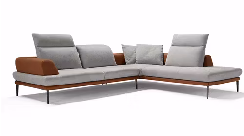 Canapea de colt Morfeo 3 locuri + divan stanga, textil Armonia Gri + baza piele Texas Maro