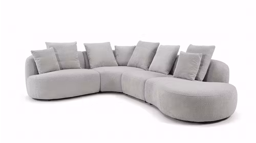 Canapea cu sezlong Layton textil Light Grey, dreapta, cu forme rotunjite, sezut adanc si perne incluse.