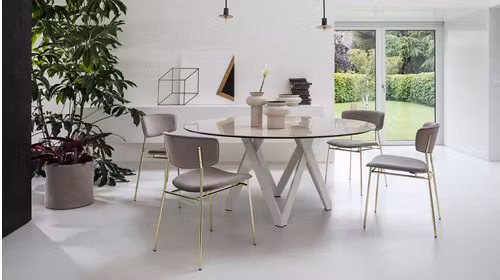 Masa rotunda Cartesio Matt Optic White/Golden Onyx Marble 140 cm