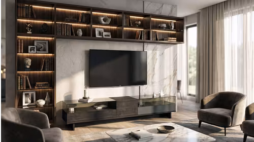 Comoda TV Porticello moderna, finisaje Canvas, Marna, Rovere Moka si Vetro Bronzo, pentru living elegant