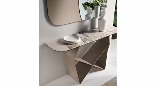 Consola Delfi Ceramica Glossy Symphony Gold + Pearl Beige, produs expus, cu blat ceramic si baza sculpturala.