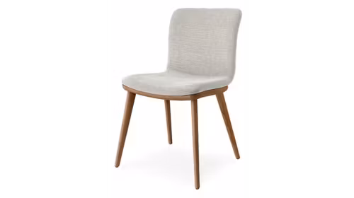 Scaun textil Annie cu cadru din lemn, picioare conice eliptice si sezut tapitat confortabil.