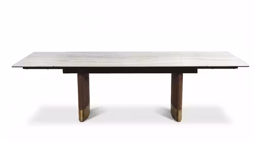 Masa extensibila Diagonal cu top din ceramica KL-359, structura Walnut Veneer si detalii Titanium Bronze, pentru dining modern.