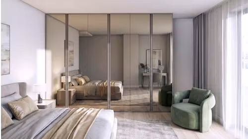 Dressing Murano batant cu oglinda Bronzo, maner R1 Fango Opaco si interior Lino pentru dormitor modern.
