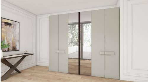Dressing Uno + Murano cu fronturi Fango Opaco, oglindă Fumé, mânere Brown și Fango și interior Lino.