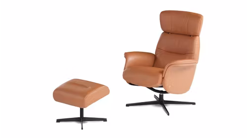 Fotoliu rotativ cu recliner + Pouf Love piele Cognac
