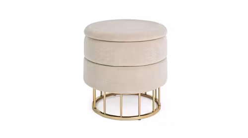 Taburet Pavlina Beige rotund cu tapiterie catifelata bej, picioare cromate si spatiu pentru depozitare
