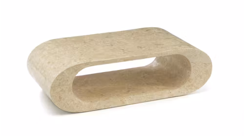 Măsuță de cafea Sandu White Agate din piatră fossile albă, formă sculpturală, finisaj bej, dimensiuni 120x62x35 cm