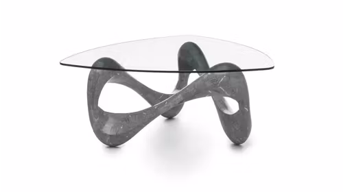 Masuta de cafea Tetris Grey Fossil cu blat de sticla si baza din piatra naturala, design modern, dimensiuni 100x100x42.5 cm