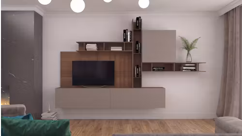 Mobilier Living Giorno M11C, ansamblu modern pentru TV si biblioteca, in finisaj Noce Java + Fango.